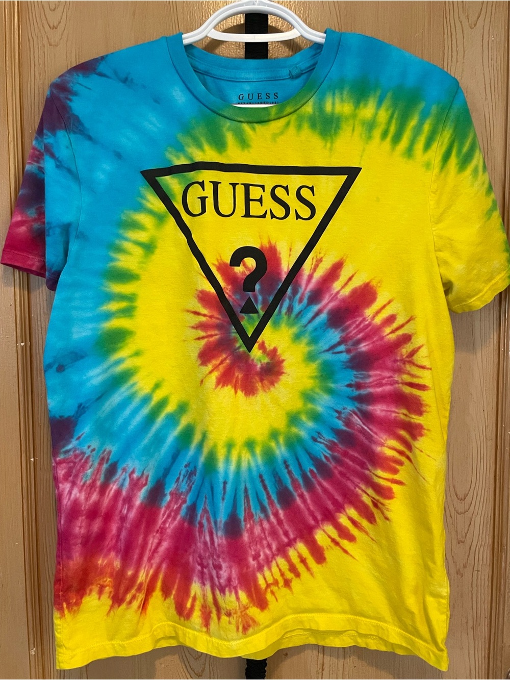 GUESS Rainbow Spiral Tie-Dye Triangle Logo Graphic TShirt